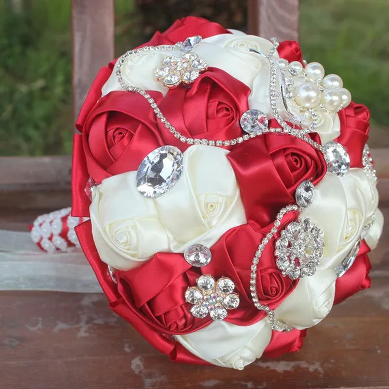 18CM Bride Holding Flowers Shiny Diamond Brooch Pearl Wedding Bouquet Mixed Color Satin Rose Bridesmaid Bouquet Customizable