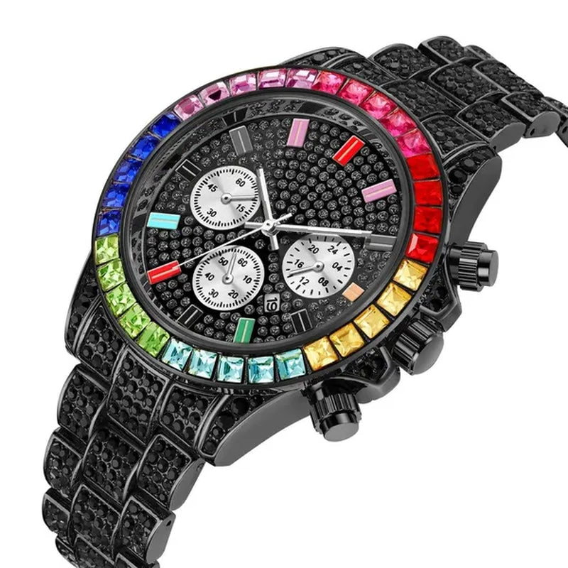 Men Watch Luxury Brand Mens Gold Men Watch Quartz Clock Chronograph Colorful Diamond Steel Iced Out Watch Reloj Hombre