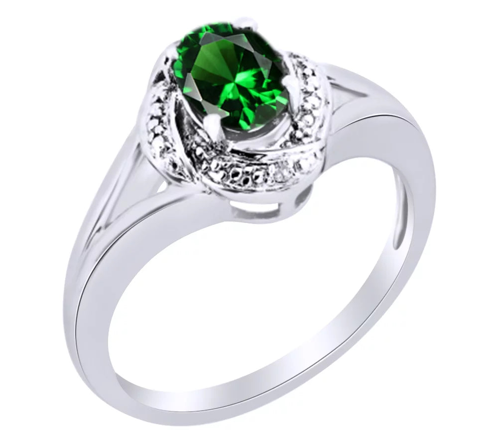 Simulated Green Emerald & White Natural Diamond Engagement Ring in 14K White Gold over Sterling Silver Ring Size - 4