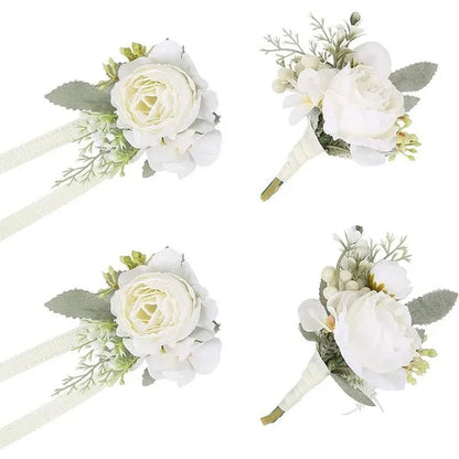 4Pcs Peony Wrist Corsages Bride Wristlet Band Bracelet Men Boutonnieres Set for Wedding Flowers Mother of Bride and Groom, Party Prom Flowers