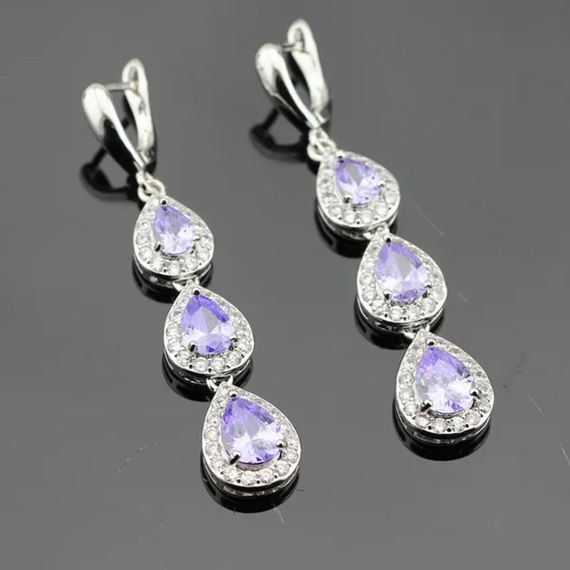 Water Drop Purple Amethyst White Topaz Zircon 925 Silver Wedding Jewelry Sets Necklace Pendant Long Earrings Rings For Women