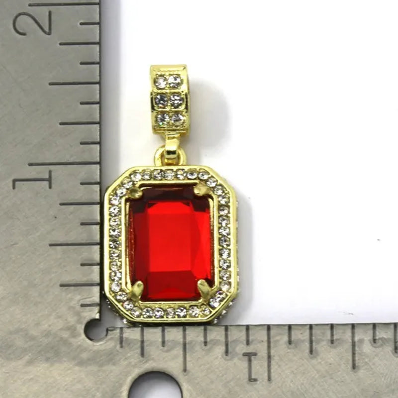 Men's 14k Gold Plated High Fashion 2 square Simulated Ruby Pendant  4mm 30" & 24" Rope chains Necklace