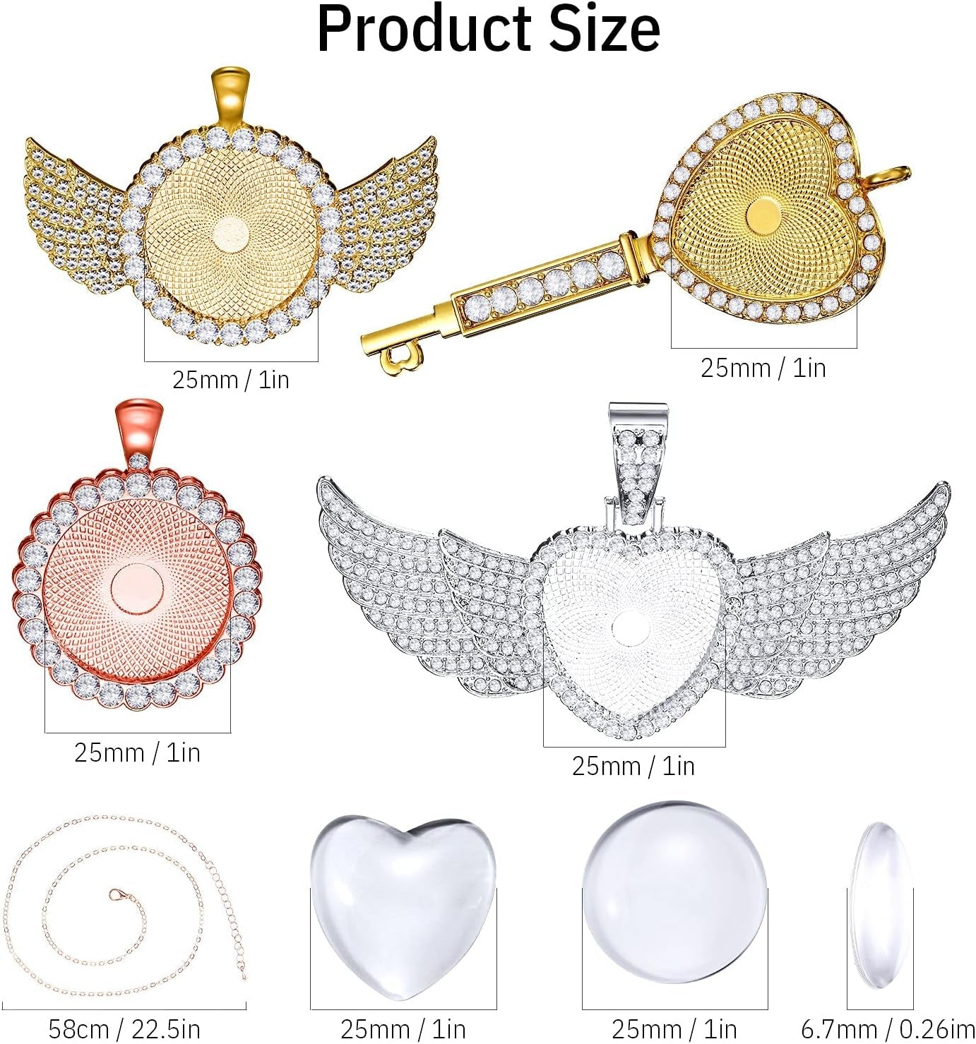 36 Pieces 25Mm Rhinestone Pendant Set, 12 Pieces 3 Shape Rhinestone Wing Bezel Pendant Tray 12 Piece Clear Glass Cabochons 12 Pieces Lobster Clasp Link Necklace Chain for DIY Jewelry Craft