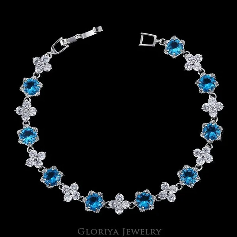 Gloriya Elegant Goddess Silver Plated Link Bracelet Cluster Flower Shape White and Blue AAA Grade Zircon Charm Tennis Bracelet for Women