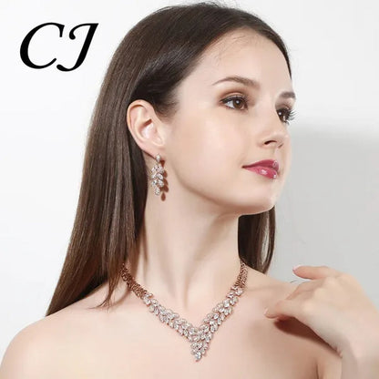 CANDICE Luxury White Gold Plated Marquise Blue Crystal Wedding Necklace Earrings Indian CZ Stone Jewelry Sets Bridal Costume Accessories