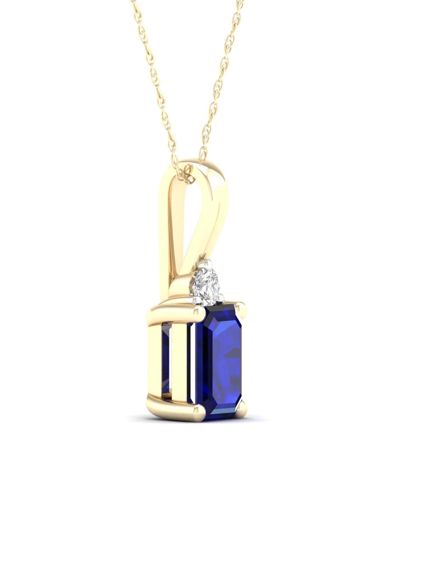Gemstone 10K Yellow Gold Octagonal Cut Blue Sapphire and Diamond Pendant Necklace
