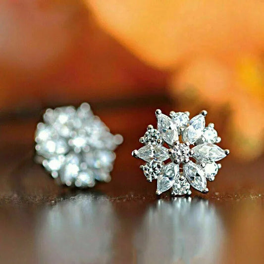 New Silver Marquise Cut Lab Diamond Snowflake Stud Earrings for Women Girls Christmas Gift Party Bridal Proposal Earring Jewelry