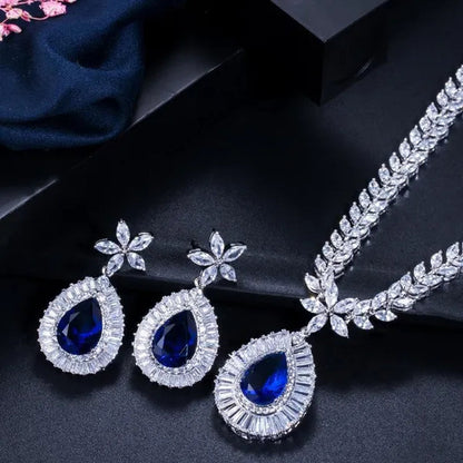 CANDICE Luxurious CZ Wedding 4 Pcs Set for Bridal Sparkling Water Drop Blue Zirconia White Gold Plated Necklace Earrings Bracelet Ring Sets
