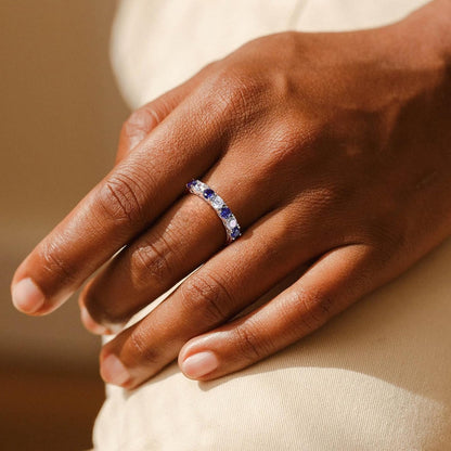 925 Sterling Silver Birthstone Rings for Women White Sapphire Created Gemstone Wedding Band Stackable Half Eternity 7 Stone Anniversary Ring Wife Mom Grandma Birthday Jewelry Size 6-10