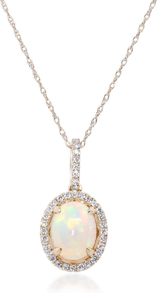 14K Yellow Gold Natural Ethiopian Opal Pendant with Diamonds for Women,Ethically, Metal Gemstone, Ethiopian Opal Diamond