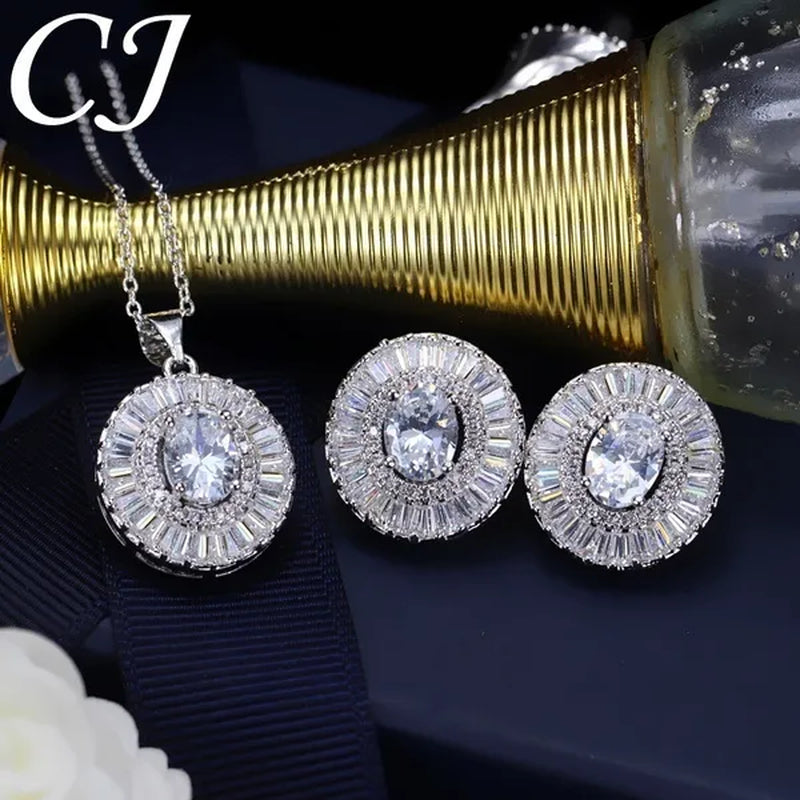 CANDICE Classic round Blue CZ Stone Party Jewelry Sets for Women Elegant Blue Cubic Zirconia Stud Earrings and Necklace 2 Piece Set