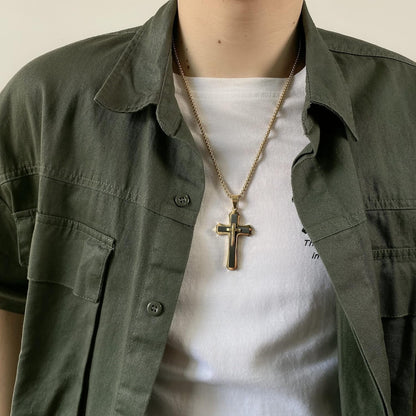 Classic Cross Necklace for Men Simple Cross Silver Black Gold Stainless Steel Christ Crucifix Pendant Necklace Religious Jewelry Gift Box Chain 21.6 Inches
