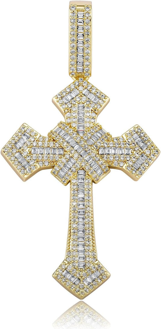 14K Gold over S925 Vintage Cross Pendant with Sparkling Pavé Moissanite – Distinctive Hip-Hop Men'S Necklace, the Beautiful Gift for Birthdays & Special Occasions,Father'S Day Gift