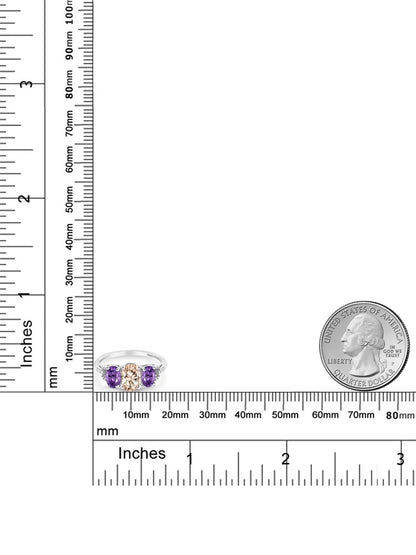 10K White Gold 3-Stone Diamond Engagement Ring 1.57 Ct Oval Peach Morganite Purple Amethyst