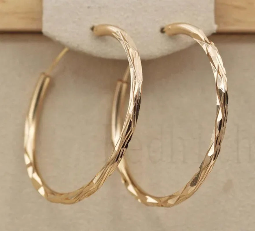 BIG Dia. 1.4" Hoop Geometry Concave & Circle Women Party Hollow Bohemis Gold Plated Earrings