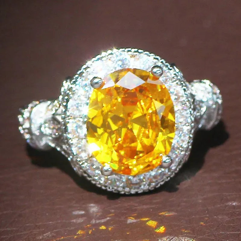 Luxurious Silver Natural Gemstones Yellow Diamond Topaz Wedding Birthstone Bride Flower Engagement Ellipse Ring Jewelry Size 678910