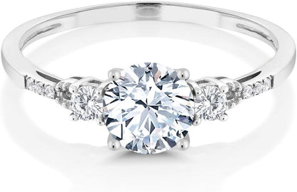 10K White Gold White Created Sapphire and White Diamond Accent 3-Stone Engagement Ring for Women (1.35 Cttw, round 6MM, Gemstone September Birthstone)
