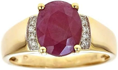 10K Yellow Gold 3Ct Genuine Opaque Ruby Ring with Diamonds for Women Holiday Gifts | Ethically, Authentically & Organically Sourced (Oval) Shaped Ruby Hand-Crafted Jewelry for Her | Ruby Ring for Women Holiday Gifts