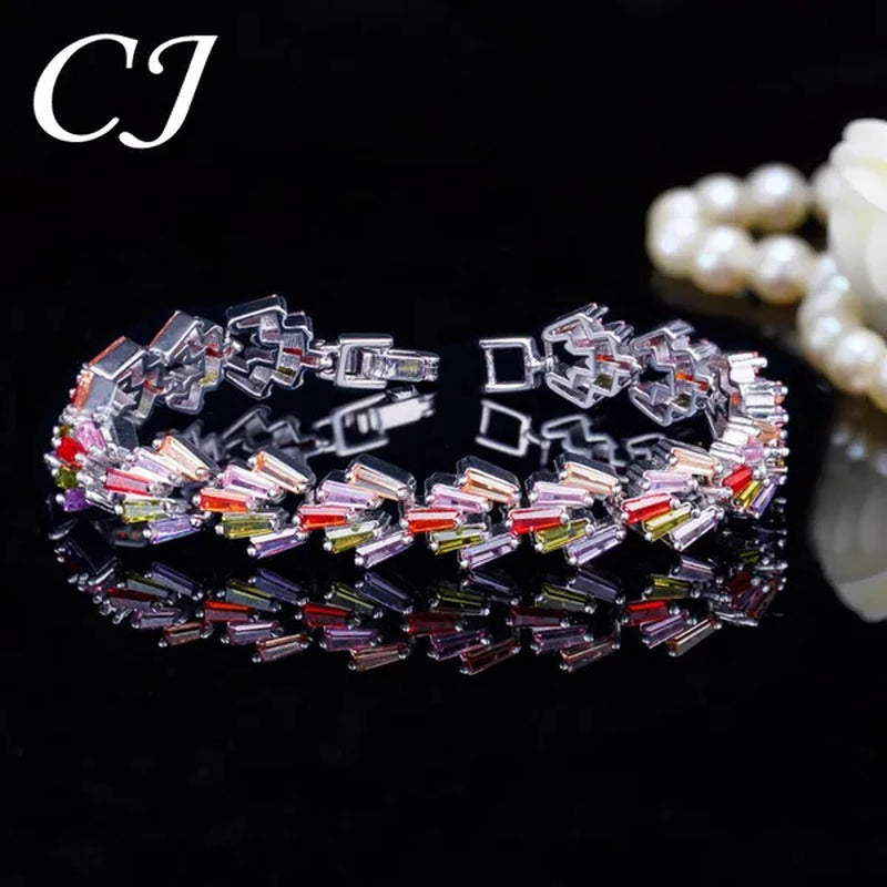 CANDICE New Trendy Sterling Silver Hand Bangle Jewelry Noble Rectangle Purple Crystal Women Tennis Bracelets With White Zirconia