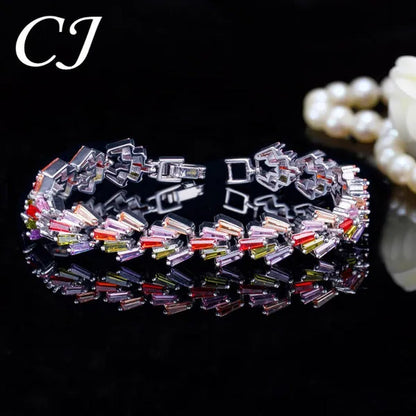 CANDICE New Trendy Sterling Silver Hand Bangle Jewelry Noble Rectangle Purple Crystal Women Tennis Bracelets With White Zirconia