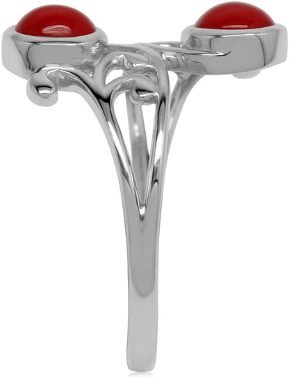 5Mm Created round Shape Red Coral 925 Sterling Silver Leaf and Swirl Style Bypass Ring Size 6