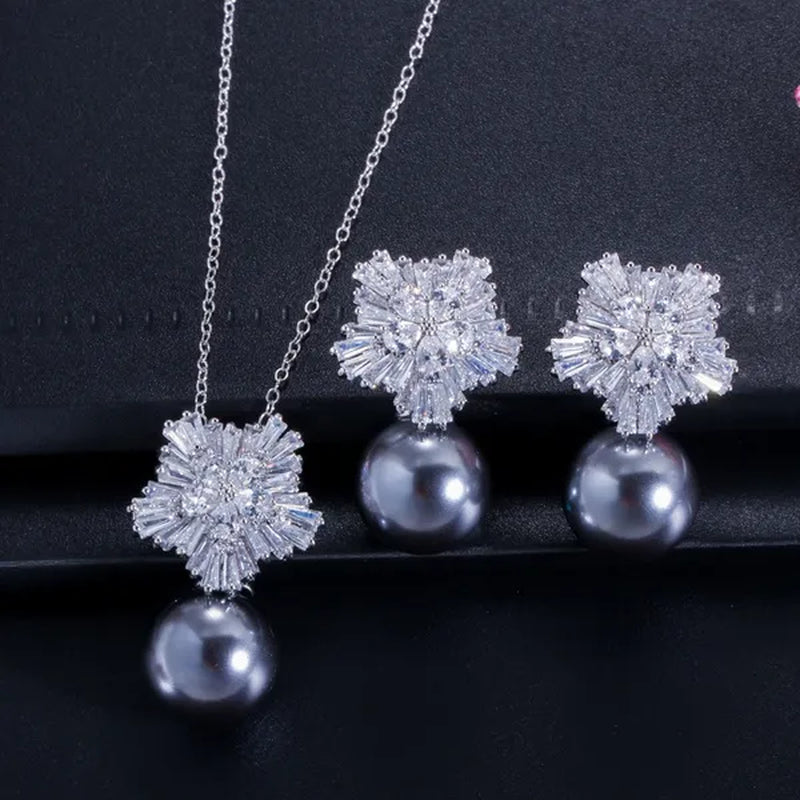 Gloriya High Quality Red Pearl Pendant Necklace Earrings Sets With Sparkling CZ Zirconia Snowflake Christmas Jewelry Set For Women Gifts