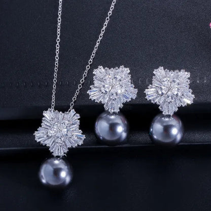 Gloriya High Quality Red Pearl Pendant Necklace Earrings Sets With Sparkling CZ Zirconia Snowflake Christmas Jewelry Set For Women Gifts