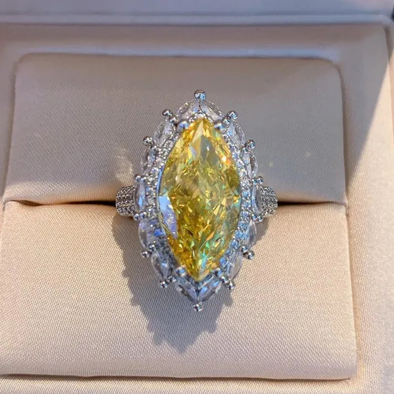 Fashion Silver Plated Lab Diamond 4 Prong Setting Marquise Cut Citrine Gemstone Rings for Women Engagement Wedding Ring Jewelry