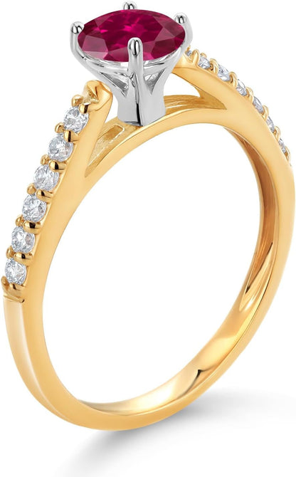 10K Yellow and White Gold Red Created Ruby and White Lab Grown Diamond Engagement Solitaire Ring (0.78 Cttw, round 5MM, Gemstone July Birthstone, Available in Size 5, 6, 7, 8, 9)