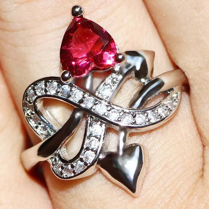 Eros Ring  Silver Natural Gemstones White Sapphire & Ruby Wedding Birthstone Bride Engagement Multilevel Heart Cross Ring Jewelry Size 6 7 8 9 10
