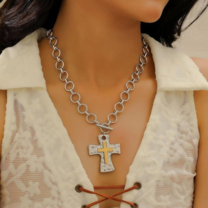 Gold Silver Chunky Cross Necklace for Women Men Layered Hammered Bold Vintage Toggle Clasp Religious Christian Statement Cross Pendant Choker Party Hallowmas Christmas Jewelry Gift