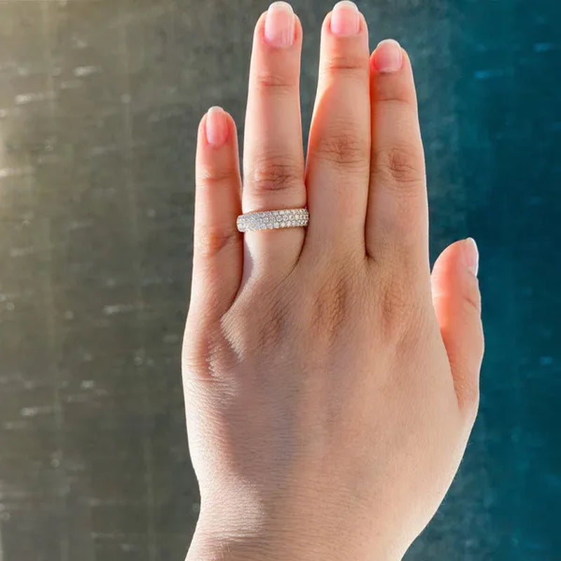 3 Row Micro Pave Zircon Ring， Wedding Band Half Eternity Wide  Band 1gold plated Ring Anniversary Diamond Ring for Her Tricolor size 4-12