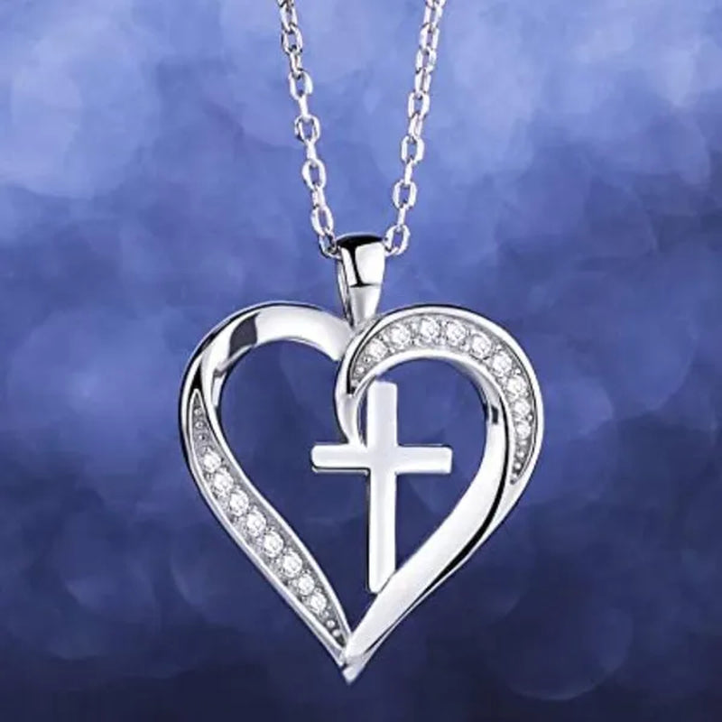 New Fashion 925 Sterling Silver Diamond Cross Heart Necklace for Women Romantic Wedding Accessories