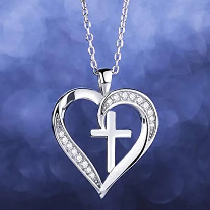 New Fashion 925 Sterling Silver Diamond Cross Heart Necklace for Women Romantic Wedding Accessories