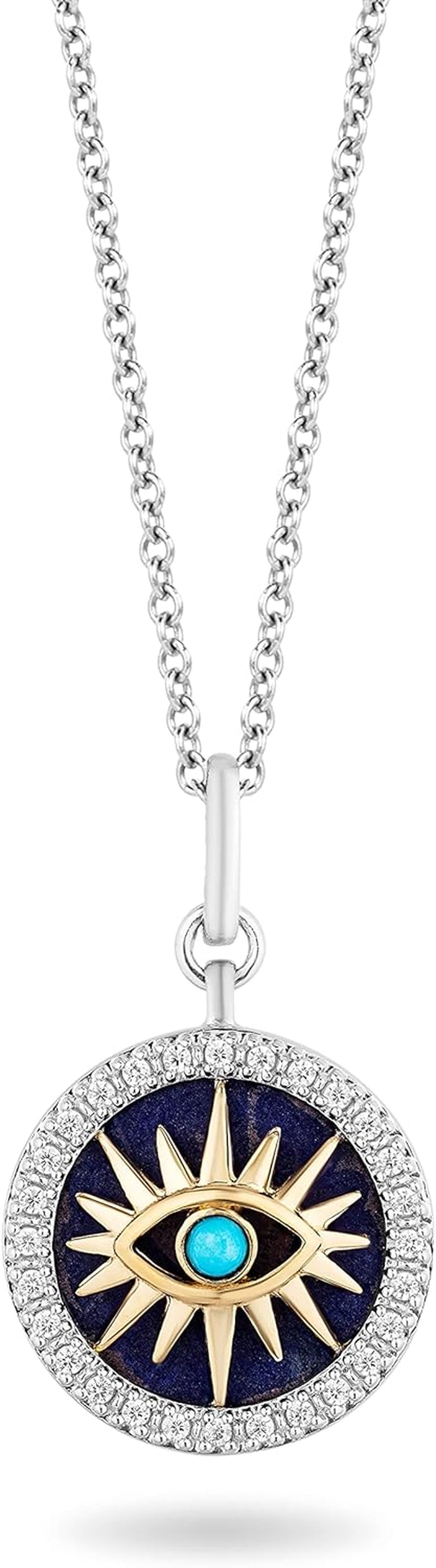 Hallmark Fine Jewelry Sterling Silver and 14K Yellow Gold with 1/6 Cttw Natural White round Diamonds with 13MM Lapis and 2MM Synthetic Turquoise Evil Eye Pendant Necklace, 18" Cable Chain