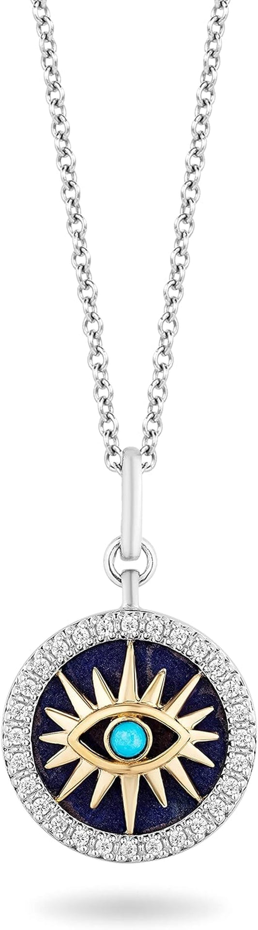 Hallmark Fine Jewelry Sterling Silver and 14K Yellow Gold with 1/6 Cttw Natural White round Diamonds with 13MM Lapis and 2MM Synthetic Turquoise Evil Eye Pendant Necklace, 18" Cable Chain