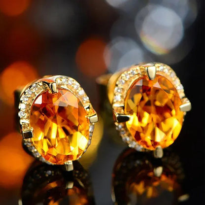 Simple 18K Golden Plated Copper Oval Citrine Jewelry Set Pendant Necklace Four Prong Adjustable Open Ring Micro Inlaid Cubic Zirconia Stud Earrings Flower Zircon Bracelet for Women Gifts Accessories