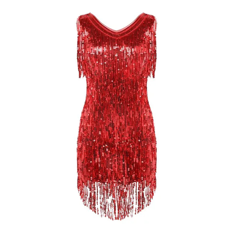 Women's Gowns V Neck Sparkling Sequin Tassels Rhythm Ballroom Salsa Samba Rumba Tango Latin Dance Dress