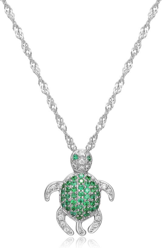 Rhodium Plated 925 Sterling Silver White and Green Cubic Zirconia Turtle Pendant Necklace, 18 Inches Cable Chain