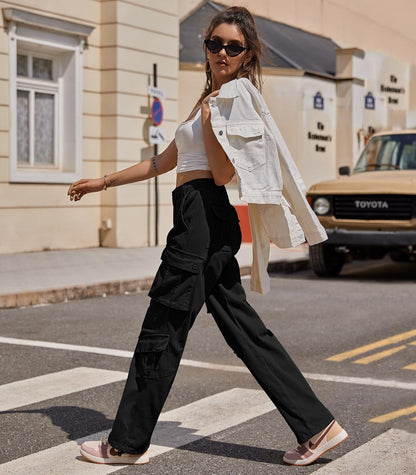 Women Pants High Waisted Cargo Pants Combat Military Wide Leg Casual Trousers 8 Pockets