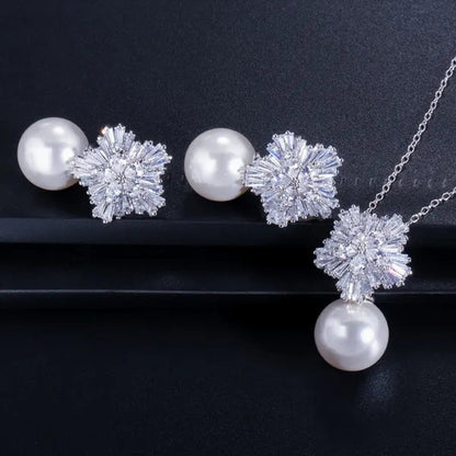 Gloriya High Quality Red Pearl Pendant Necklace Earrings Sets With Sparkling CZ Zirconia Snowflake Christmas Jewelry Set For Women Gifts