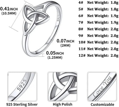 Chicsilver 925 Sterling Silver Ring for Women Triquetra Celtic Knot Promise Ring Simple Classic Irish Eternity Wedding Band Size 4-12