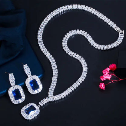 Gloriya Classic Sparkle Cubic Zircon Charm Square Pendant Choker Necklace Earrings for Bridal High Quality Sapphire Jewelry Set