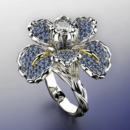 Silver Ring Iris Flower Two Tone Ring Blue Sapphire Flower Engagement Cocktail Ring Statement Crown Ring Natural Gemstones Ring Wedding Bride Engagement Band Charm Party Ring Jewelry