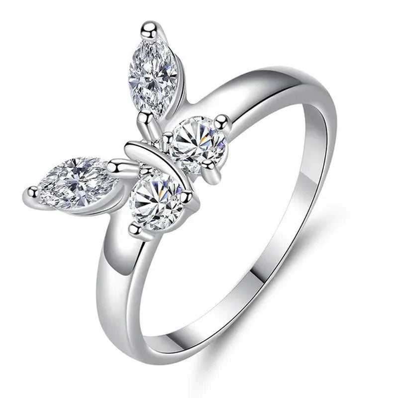 "If You Are in Full Bloom, the Butterfly Will Come" Luxury Silver Crystal Butterfly Ring Cubic Zirconia Exquisite Bridal Wedding Party Ring Fashion Jewelry (Size: 5-11)