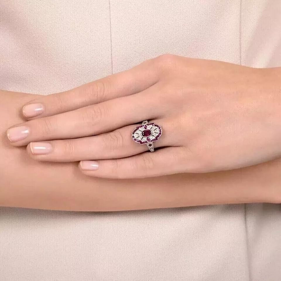 Art Deco Vintage Oval Cut Ruby & Lab Created Diamond 925 Silver Engagement Ring