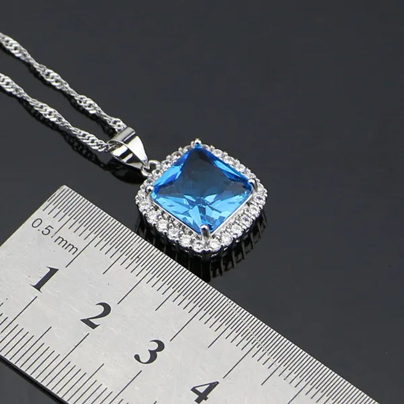 Sky Blue Sapphire White Topaz 925 Silver Jewelry Sets Earrings Pendant Necklace Ring Bracelet for Women Wedding