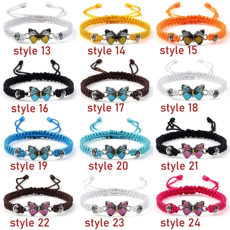 Women Black Woven Rope Bracelet Handmade Multicolor Butterfly Charm Adjustable Bracelets Fashion Friendship Jewelry Girls Gift