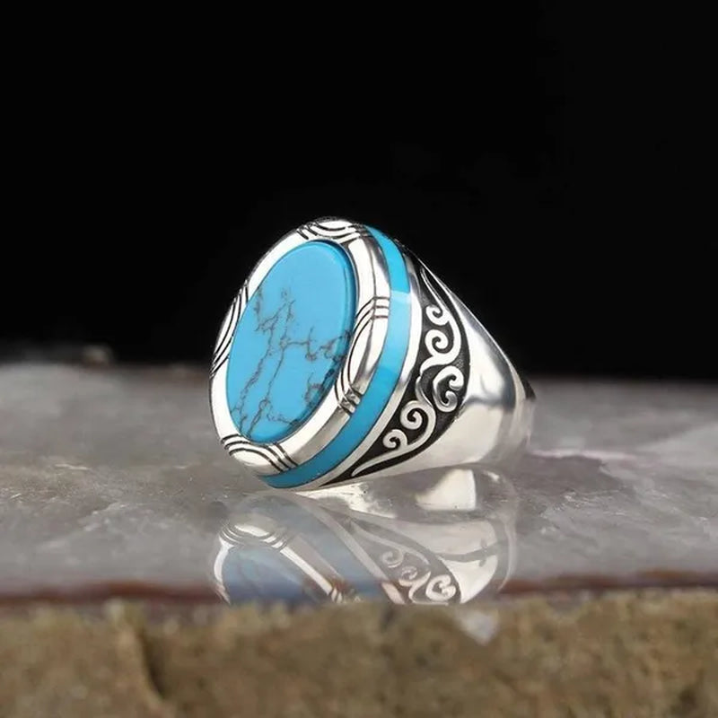 Luxury Business Men Fashion 925 Sterling Silver Ring Natural Gem Turquoise Ring Anniversary Birthday Gift European and American Gentleman Party Ring High-Grade Jewelry