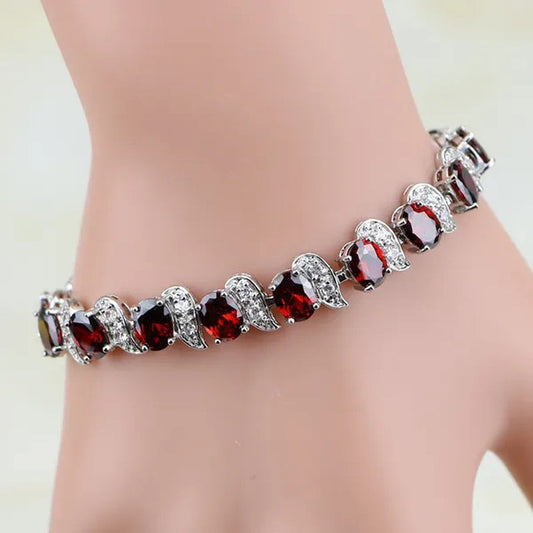 Red Garnet White Topaz 925 Sterling Silver Bridal Jewelry Charm Bracelet for Women Free Gifts Box